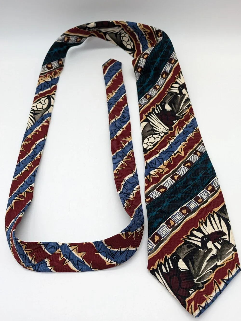 Vintage X'Andrini Red Blue Turtle Bird Star Silk Tie